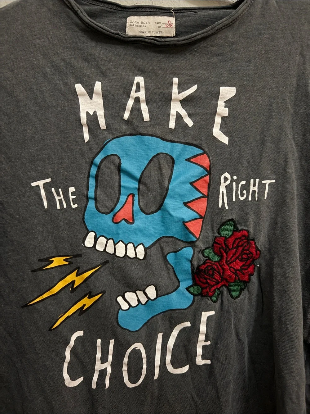 Zara Gray Long-Sleeve Graphic Tee with Blue Skull and Red Rose